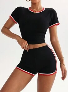 Women Contrasting Trim Short Sleeve Shorts Pajama Set, Slim Fit Home Wear - Black - View 2