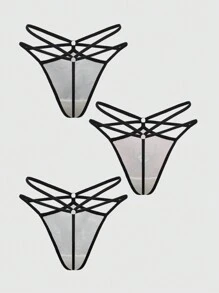 ROMWE Goth 3pcs/Set Bat, Spider And Crow Print Reversible Waistband G-String Panties - Black - View 2