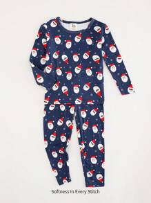 Cozy Pixies 2pcs Young Boy Snug Fit Christmas Graphic Knit Soft Round Neck Long Sleeve Top And Pants Pajama Set - Multicolor - View 1