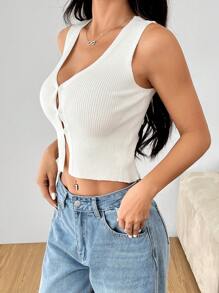 SHEIN PETITE Women's French Casual Solid Color Sleeveless Knit Top Simple Vest Cardigan Vest Hem Slit White Vest V Neck Beige Vest Vacation Cardigan Holiday Top V Neck Asymmetric Hem