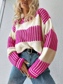 EURMUSE Jersey con patrón de rayas de hombros caídos - Rosa coral - Ver 4