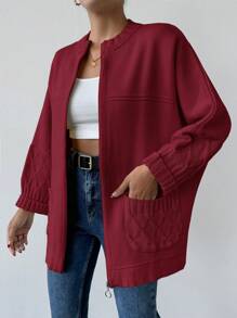 EURMUSE Casual Solid Color Batwing Sleeve Cardigan With Double Pockets, Autumn/Winter - Burgundy - View 2