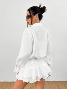 SHEIN PETITE Women's Holiday Daily Pointed Collar Chiffon Lining Ruffle Shirt Ultra Short White Shirt Dress Suitable For Commuting And Dating - White - View 2