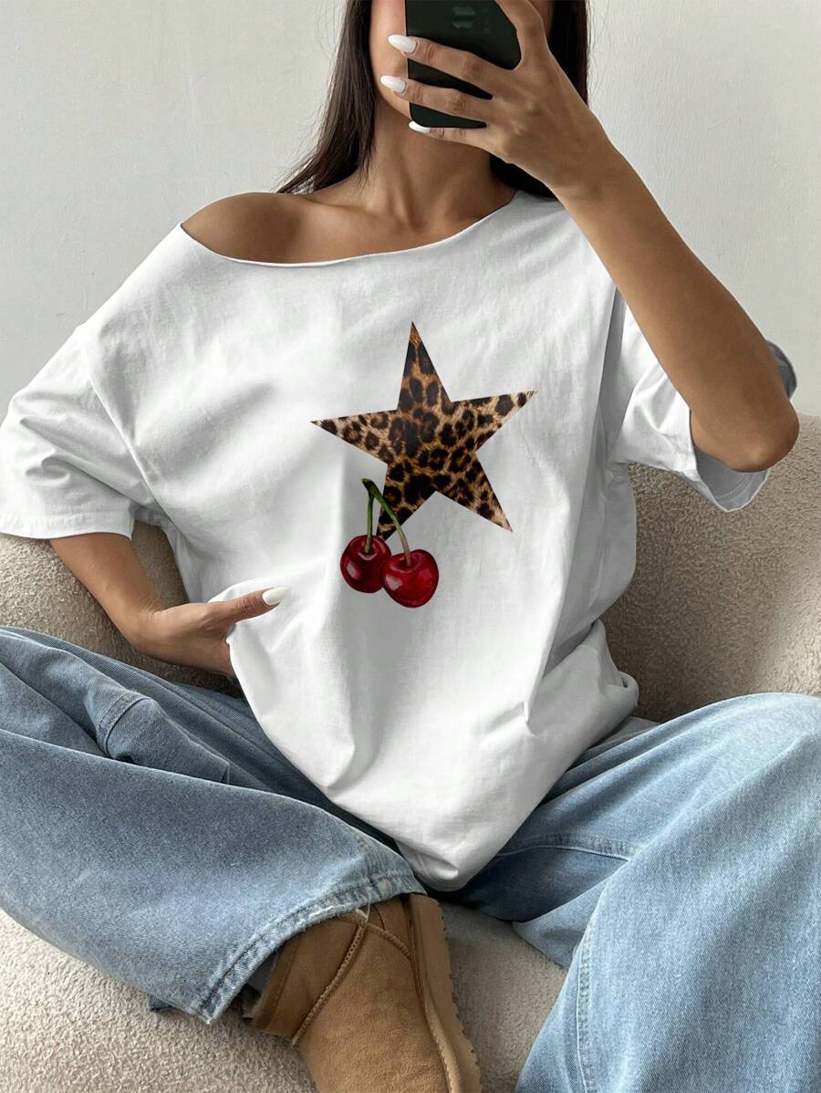 Flirla Women Casual Oblique Shoulder Loose T-Shirt With Leopard Print & Star Graphic, Y2K Style Graphic Cheetah Print Tees Women Tops - White - View 1