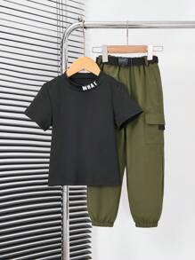SHEIN Toddler Boys Letter Graphic Tee & Flap Pocket Trousers - Multicolor - View 1