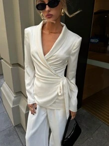 Aloruh 女式新款翻领交叉裹身侧蝴蝶结衬衫，秋冬 - 白色 - 查看 8