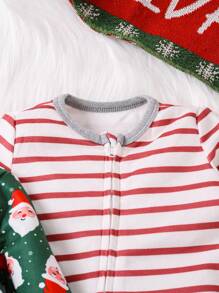 SHEIN 2pcs Newborn Baby Boys Christmas Santa Claus & Stripe Print Soft & Comfortable Long Sleeve Zipper Closure Romper Outfit Set