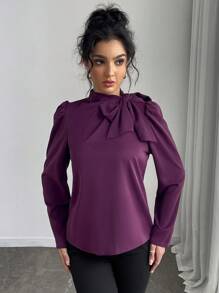 Selianne 1 chiếc áo cánh tay bồng cổ thắt nơ màu trơn thời trang dành cho nữ - Màu tím - Xem 6