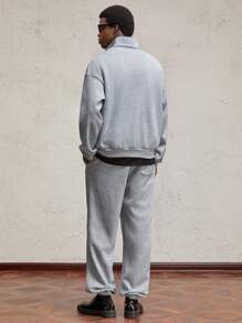 AKNOTIC Business Casual Bộ 2 áo nỉ dệt kim dáng rộng màu xám có cổ đứng và quần jogger thường ngày cho nam, in chữ và khóa kéo kim loại, mặc thu đông - Xám - Xem 7