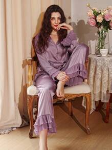 缎面衬衫荷叶边裤吊带睡衣套装/假日/秋冬睡衣套装