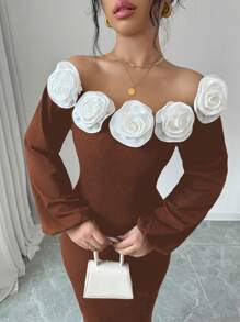 Elenzga Elegant 3D Floral Decor Off Shoulder Dress - Multicolor - View 4