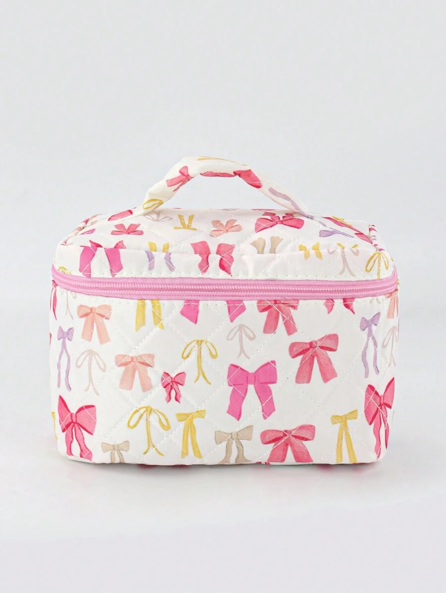 Duchess Plum Artist Girlcore 粉色蝴蝶结图案便携式化妆包，适合节日、新年、情人节
