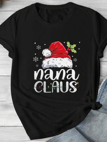 SHEIN LUNE Plus Size Christmas Santa Hat Print Casual Short Sleeve T-Shirt Graphic Tees Women Tops