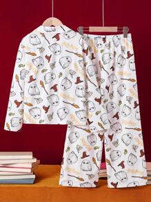 HARRY POTTER X SHEIN Tween Girl Cartoon Wizardry Owl Hedwig All Over Print Lapel Collar Shirt And Lounge Pants Set , Flame Resistant, Autumn/Winter Pajama Set,Preppy Style - White - View 2