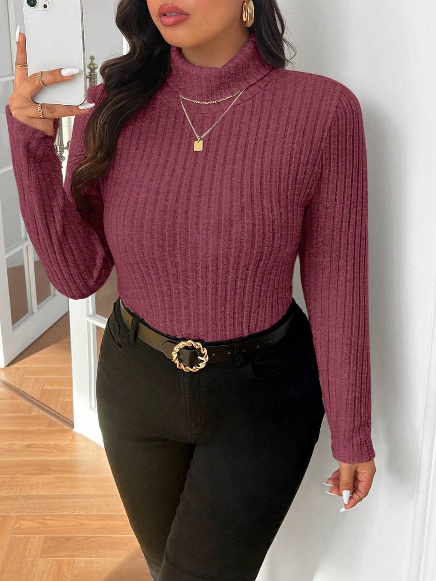 SHEIN Frenchy Áo thun cổ lọ bó sát có gân cỡ lớn, dành cho mùa đông - Màu đỏ tím - Xem 1