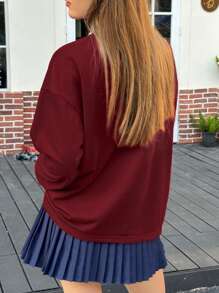 Jouncy Women Letter Print V-Neck Drop Shoulder Long Sleeve Casual T-Shirt, Autumn