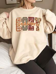 SHEIN LUNE 感恩节圆领卫衣，女士加大码圆领卫衣，印有标语图案，适合秋冬季毕业季、返校季、教师秋季套头衫