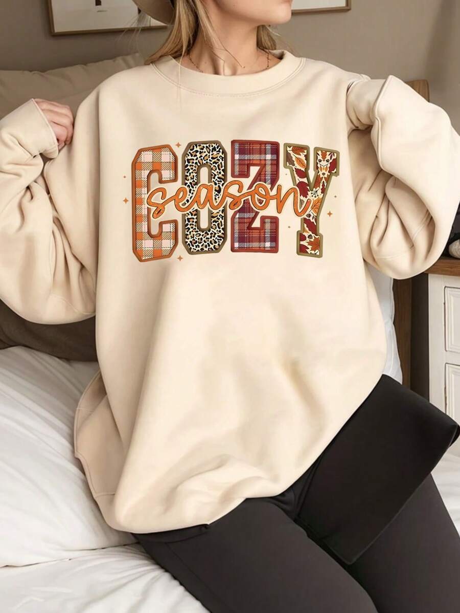 SHEIN LUNE 感恩节圆领卫衣，女士加大码圆领卫衣，印有标语图案，适合秋冬季毕业季、返校季、教师秋季套头衫