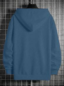 Manfinity Homme 男士口袋印花休闲套头连帽衫，简约休闲日常穿着，适合秋季，长袖上衣 - 霧霾藍 - 查看 2