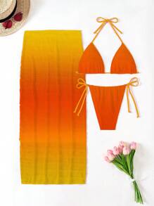Swim SXY Set de 3 piezas de bikini de mujer con estampado de degradado, escote halter y falda pareo para vacaciones de verano
