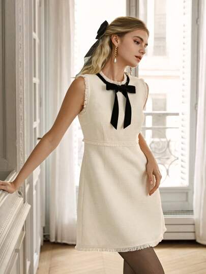 Enchnt Vestido de mujer blanco romántico, elegante y dulce con cuello de lazo, sin mangas, con flecos de tweed, estilo mini, ideal para Día de San Valentín, fiestas de Navidad, Año Nuevo, cumpleaños, vacaciones, citas dulces y uso diario