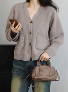 INAWLY 大码女式纯色长袖单排扣口袋休闲开衫，秋冬 - 卡其色 - 查看 1