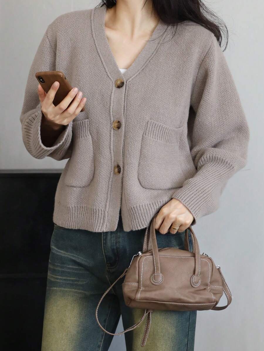 INAWLY 大码女式纯色长袖单排扣口袋休闲开衫，秋冬 - 卡其色 - 查看 1