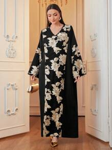 Al Najma 1 pieza Vestido elegante de manga larga estilo tunicJalabiya para mujer, con bordado de encaje elegante y modesto, para uso casual diario