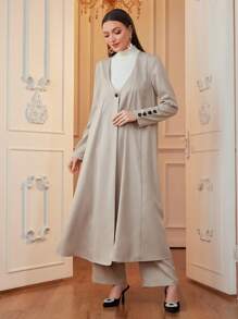 Seusyu 2pcs Women Solid Single-Breasted Long Sleeve Long Jacket And Pants Set, Elegant Style For Autumn 2 Pieces Set Fall Cloth For Women - Khaki - View 5