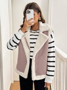 SHEIN Frenchy Chaleco con forro térmico de solapa holgado y casual con cremallera para mujer, abrigos largos de mujer de otoño e invierno para la temporada de otoño