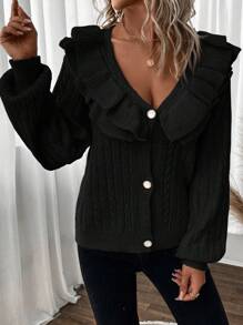 SHEIN Privé Áo khoác cardigan dài tay đơn hàng khuy đơn giản viền bèo nhún màu trơn cho nữ, mùa thu/đông - màu đen - Xem 6
