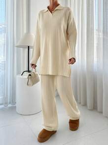 RueChic 高领罗纹图案套头衫裤针织套装