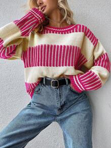 EURMUSE Jersey con patrón de rayas de hombros caídos - Rosa coral - Ver 3