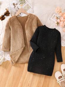 SHEIN 2 件套年轻女孩纯色长袖上衣和连衣裙休闲装 - 彩色 - 查看 1