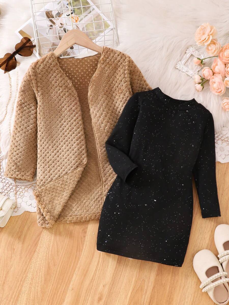 SHEIN 2 件套年轻女孩纯色长袖上衣和连衣裙休闲装 - 彩色 - 查看 1