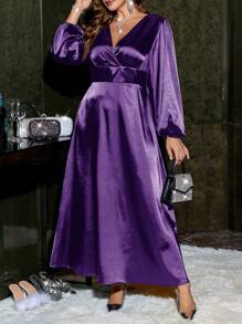 SHEIN Privé 大码优雅办公室通勤知性高端精致下午茶略带性感约会音乐派对V领交叉裹身高腰长袖褶皱修身A字长裙 - 紫色 - 查看 3