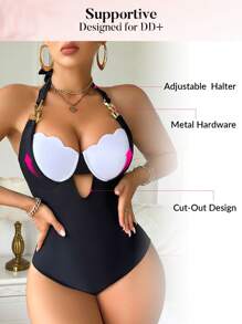 Swim DD+ 1pc Women's Color Blocking Push-Up Cup Halter Tummy Control One-Piece Swimsuit Summer - Black and White - View 3