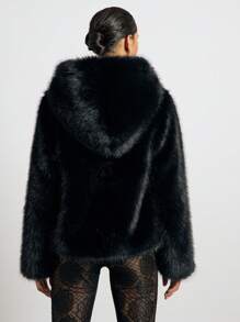 AiiRZ Luxury Faux Fur Winter Hooded Zip Jacket Elegant Holiday Party Evening Outerwear Glamour Statement Long Sleeve Special Occasion Coat - Black - View 2