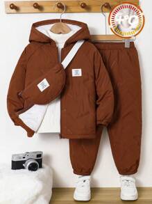 SHEIN Leap Crew 3 件套年轻男孩女孩可爱脸部印花可调节肩带背包、运动衫和裤子休闲装，适合外出、街头装、派对、居家、返校、生日、婴儿洗礼、节日派对、秋冬 - 彩色 - 查看 1