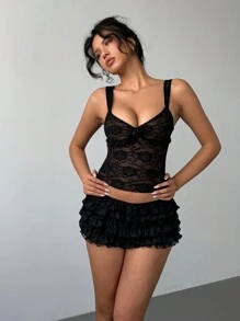 Aloruh 女士新款性感蕾丝纯色黑色蛋糕裙荷叶边低腰短裤，情人节，情人节，女士短裤，Y2k，情人节，毕业典礼，返校服装 - 黑色 - 查看 5