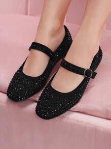 CUCCOO DOLLMOD Women's Fashion Black Mary Jane Rhinestoned Flats, Commuting, Dating, Party, Holiday, Campus, Sweet For And Vibe And Spring Shoes Spring Break Easter For Christmas Spring Shoes - Black - View 3