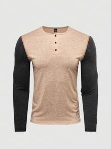 Manfinity Homme Men Scolor Block Button Front Long Sleeve Casual Minimalist T-Shirt, For Going Out - Apricot - View 7