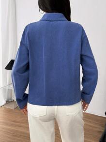 SHEIN EZwear Casual Woven Turndown Collar Long Sleeve Washed Women Shirt - Blue - View 2