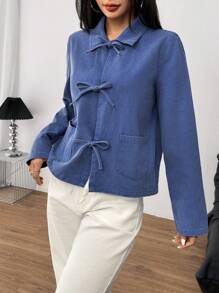 SHEIN EZwear Casual Woven Turndown Collar Long Sleeve Washed Women Shirt - Blue - View 4
