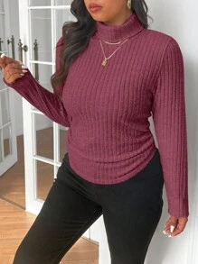 SHEIN Frenchy Áo thun cổ lọ bó sát có gân cỡ lớn, dành cho mùa đông - Màu đỏ tím - Xem 5
