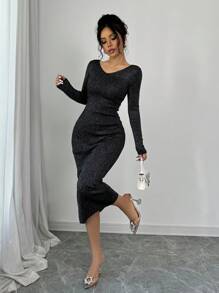 Chiquease Long Sequin Metallic Sheen Backless Sweater Dress For Women Fall Cloth For Women - Black - View 7