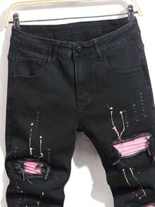 Manfinity Roughcore Men Pocket Ripped Skinny Casual Denim Jeans Black Ripped Jeans, Emo Style - Black - View 3