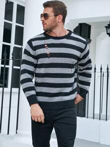Manfinity LEGND Plus-Size Men's Dark Gothic Ripped Black And Gray Striped Crew-Neck Halloween Long-Sleeved Sweater - Black - View 3