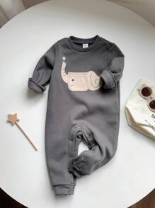 SHEIN Leap Crew Bộ đồ liền thân dài tay dệt kim mềm mại cổ tròn in hình voi dễ thương cho bé trai/bé gái màu xám dày, thích hợp mặc ở nhà, đi chơi, đa năng và thời trang cho mùa thu/đông - Xám - Xem 6