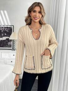 Chiquease Kontrast-Farbener Pullover mit stilvollem Design, lässiger, entspannter Strickpullover für Herbst und Winter - Aprikosenfarben - Übersicht 3